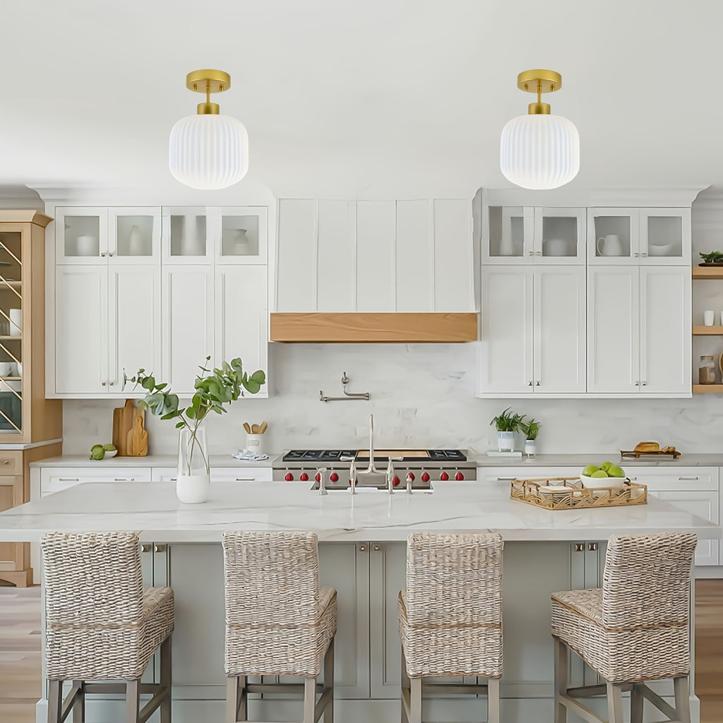 Vintage semi-flush mount ceiling light, lighting milk glass ceiling light fixture, gold and white flush mount ceiling light brass globe ceiling light frosted glass semi-flush ceiling, suitable for farmhouse, kitchen island, hallway