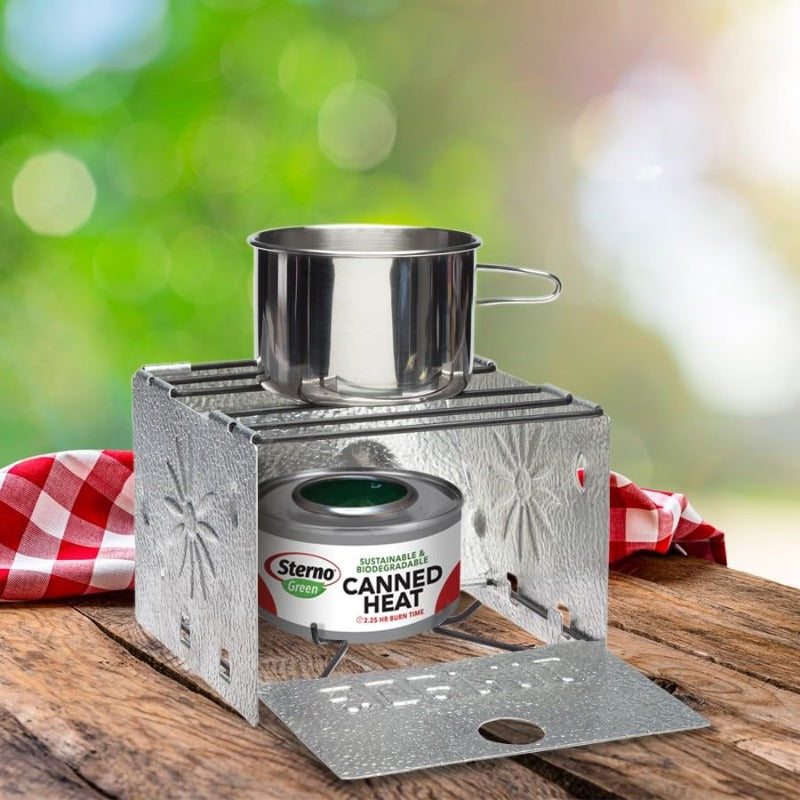 Sterno Folding Camping Stove - Portable Outdoor Cooker, Easy to Assemble, Ideal for Outdoor Picnics, Tailgate Parties & Emergencies - 1 Pack, Silver/