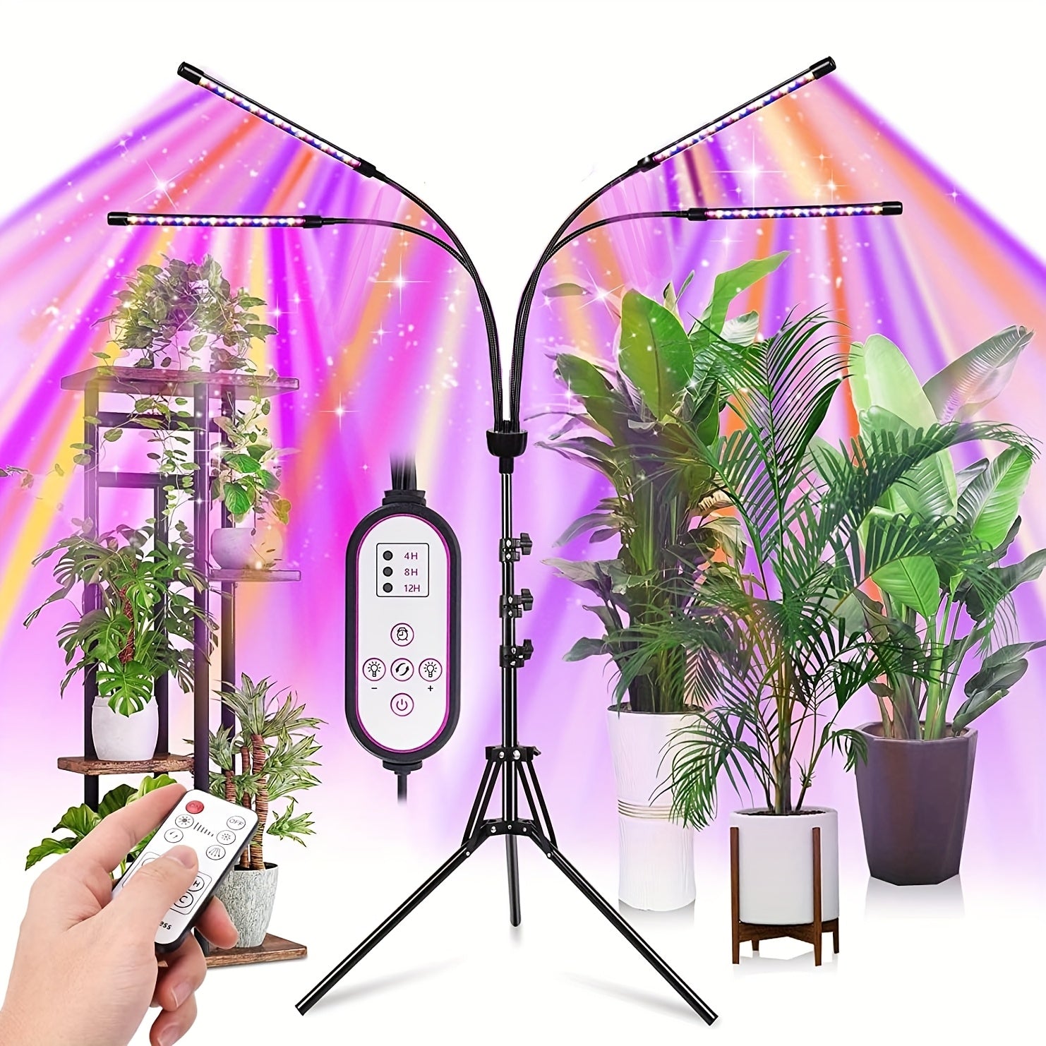 Indoor Plant Grow Light 5-Head Red Blue White Full Spectrum Grow Lamp, 29-61 Inch Adjustable Tripod Stand, Indoor Grow Light with Remote Control & Auto On/Off Timer, Wireless Remote Wired Light