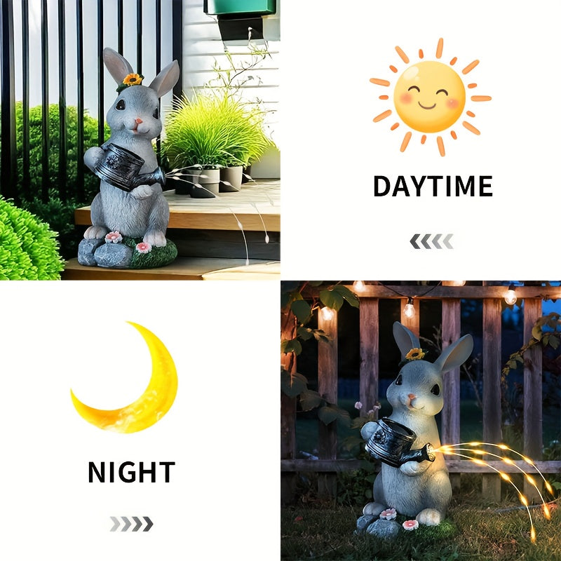 Easter Decoration, Solar Gray Rabbit Holding Watering Can Statue, Animal Theme Sculpture Resin Ornament, Courtyard, Lawn, Garden, Patio Decoration, Rabbit Statue, Christmas, Thanksgiving, Valentine‘s Day Gift