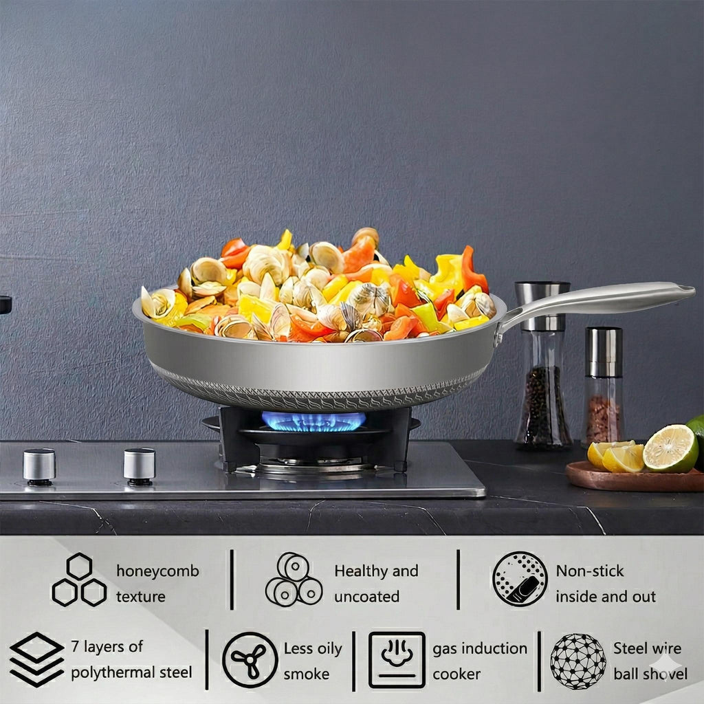 316 (18/10) Three-layer Stainless Steel Non-stick Frying Pan with Tempered Glass Lid, Dishwasher & Oven Safe, Induction Compatible Double-sided Honeycomb Cookware