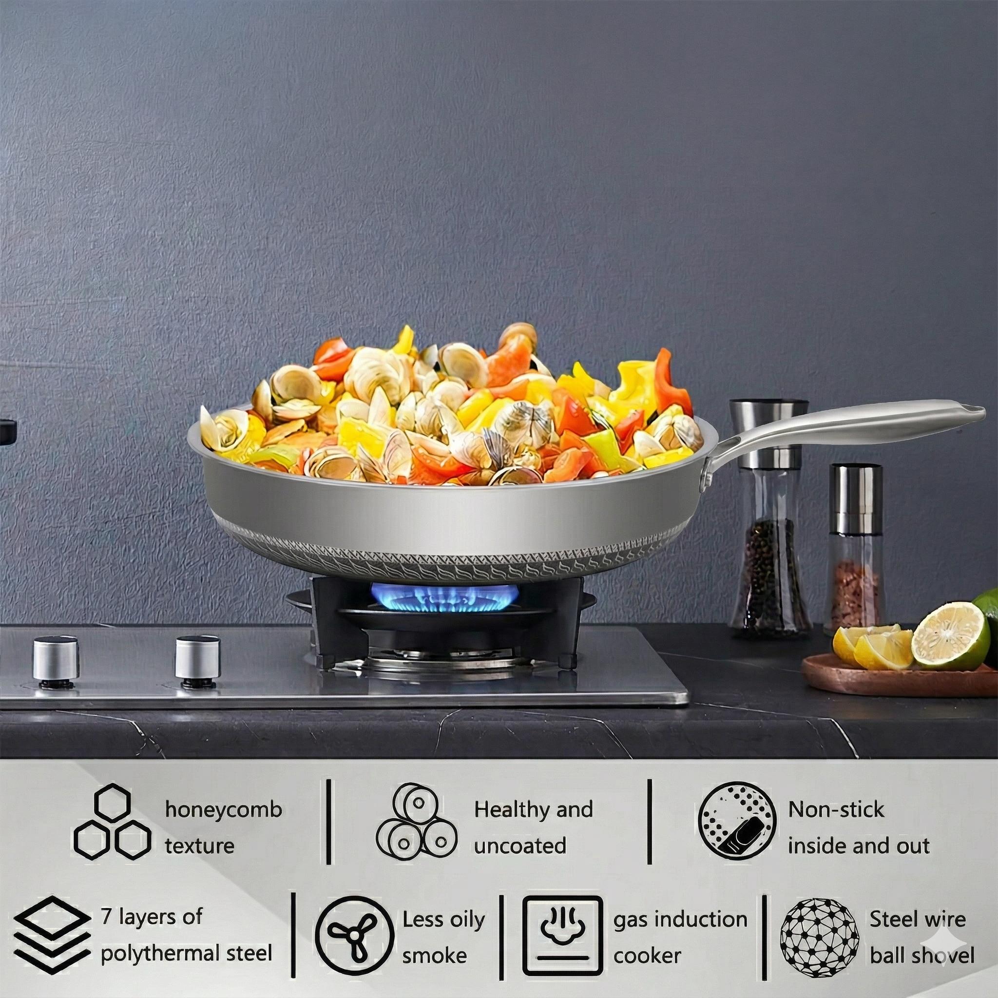 316 (18/10) Three-layer Stainless Steel Non-stick Frying Pan with Tempered Glass Lid, Dishwasher & Oven Safe, Induction Compatible Double-sided Honeycomb Cookware