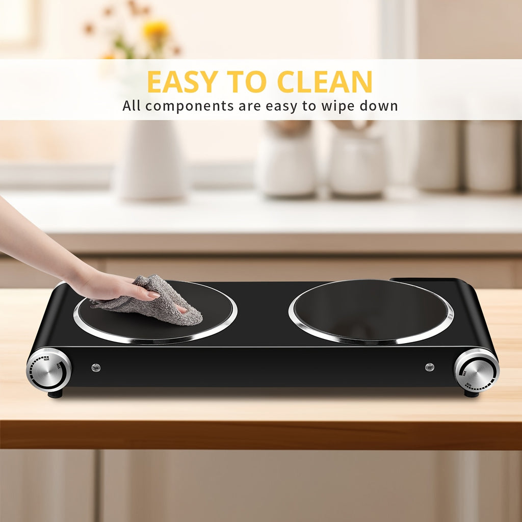 Tech 900W+900W Infrared Electric Hot Plate with Adjustable Temperature Control, Easy-Clean Surface & Power Indicator Light