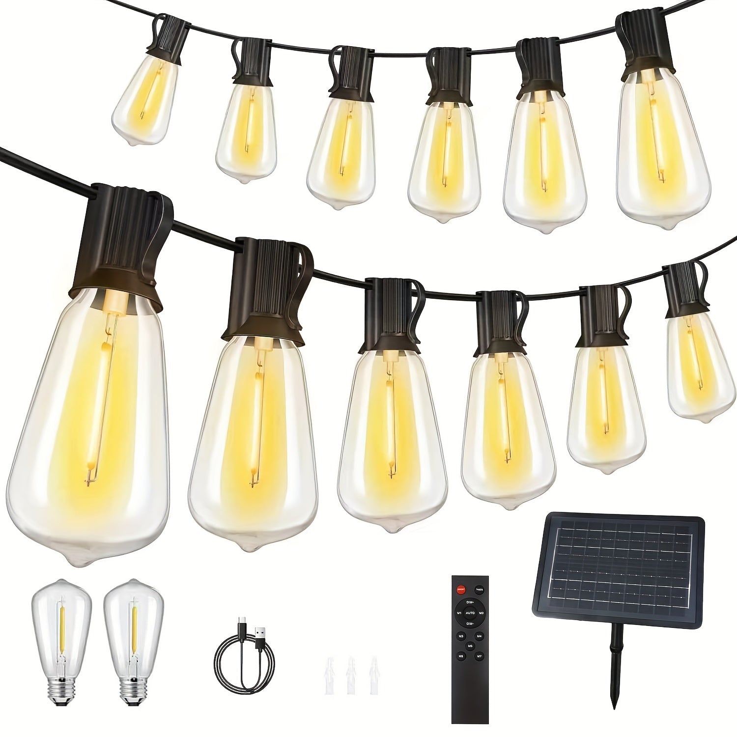 Solar ST38 LED String Light - 50/100/200FT Shatterproof Light String with Remote Control, Perfect for Outdoor Courtyard Decoration, Cafe Bistro, Christmas Wedding Party Night Light