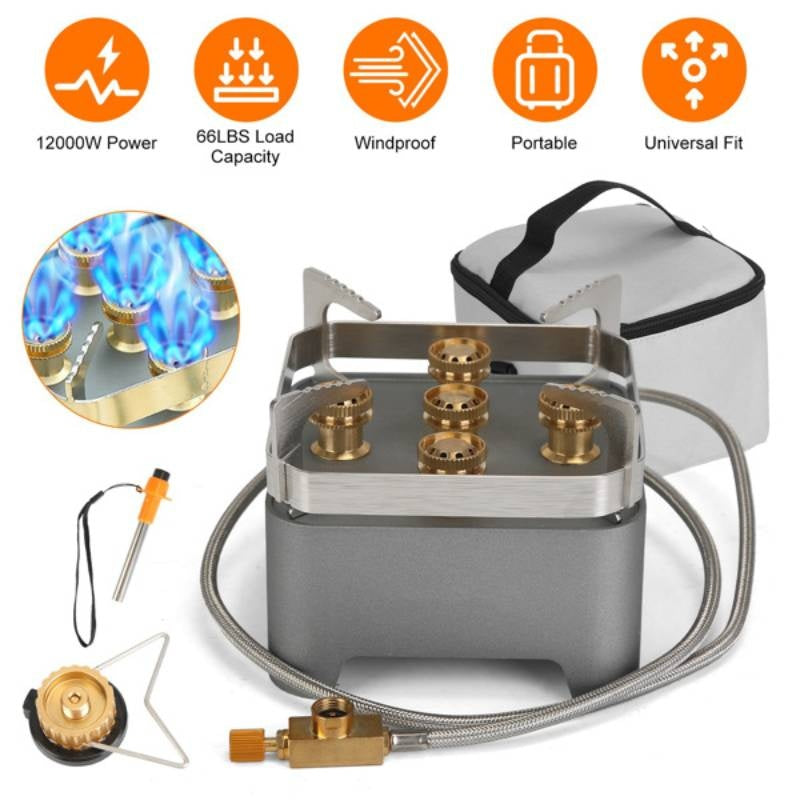 12000W Portable Camping Stove with Cassette Adapter, Windproof Outdoor Backpacking Stove with Storage Case & Igniter, Ideal for Hiking, Camping, Picnic, Backpacking