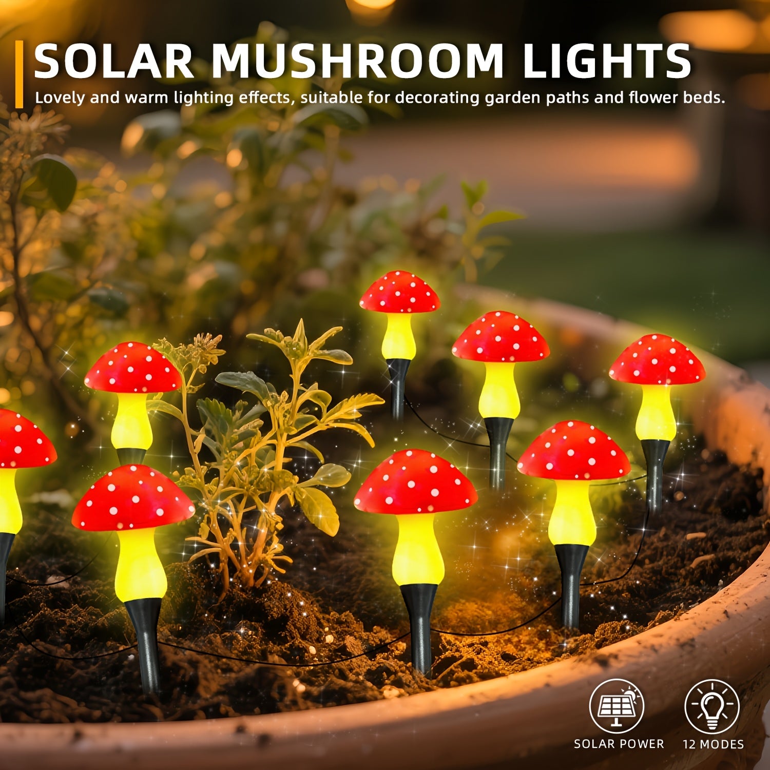 20/10 Pcs Outdoor Solar String Lights, LED Twinkling Fairy Mushroom Light, 12 Lighting Modes, Ground Insert Type, Red Mushroom Garden Decorative Light, Suitable for Party, Wedding, Camping, Lawn, Flower Bed, Valentine's Day
