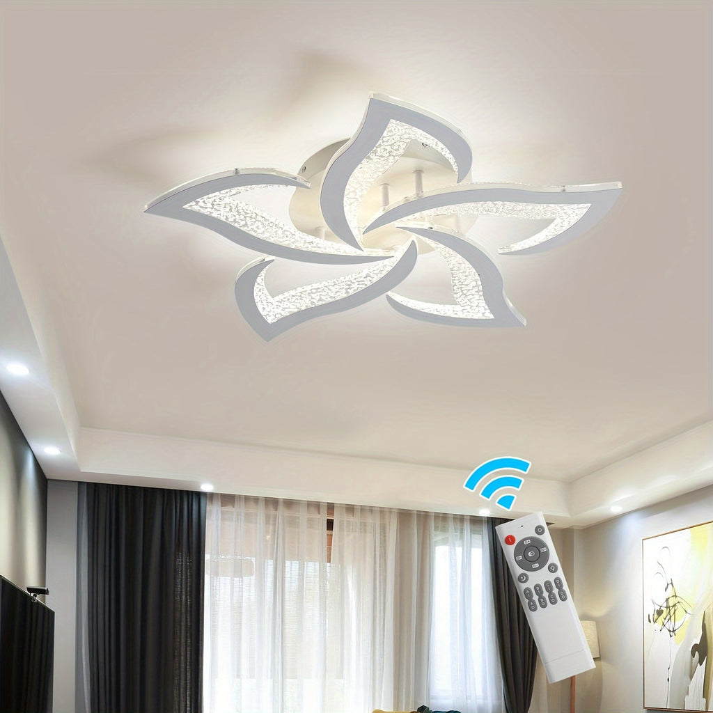 Modern Black LED Ceiling Light with Remote Control - Dimmable Flower Shape Design, Adjustable Brightness and Color Temperature (3000K-6500K), Polished Metal Finish, Semi-Flush / Hardwired Installation, Infrared Sensor and Switch