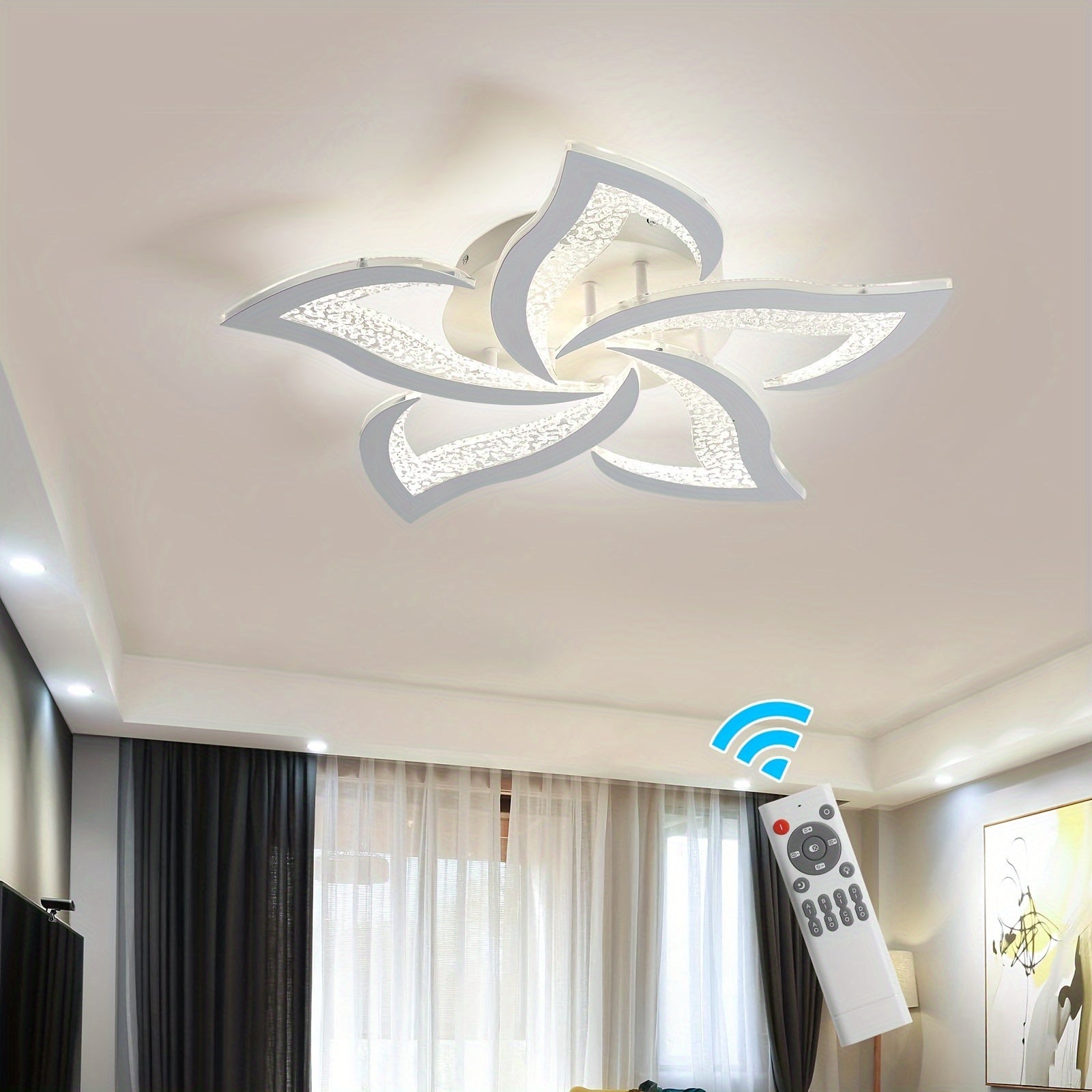 Modern Black LED Ceiling Light with Remote Control - Dimmable Flower Shape Design, Adjustable Brightness and Color Temperature (3000K-6500K), Polished Metal Finish, Semi-Flush / Hardwired Installation, Infrared Sensor and Switch