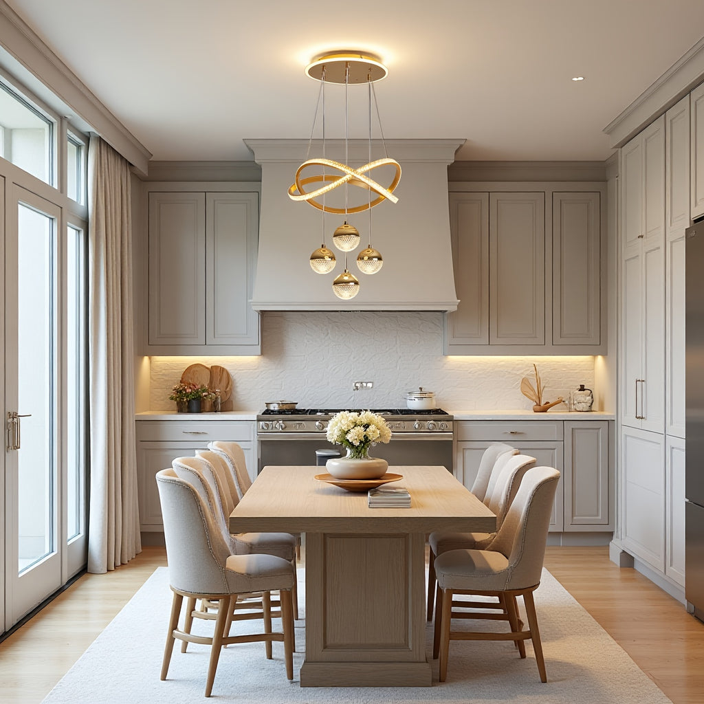 Stylish pendant light with four spherical lamp heads and a ring light, three color temperatures, height adjustable, suitable for dining room, bedroom, villa, living room, study