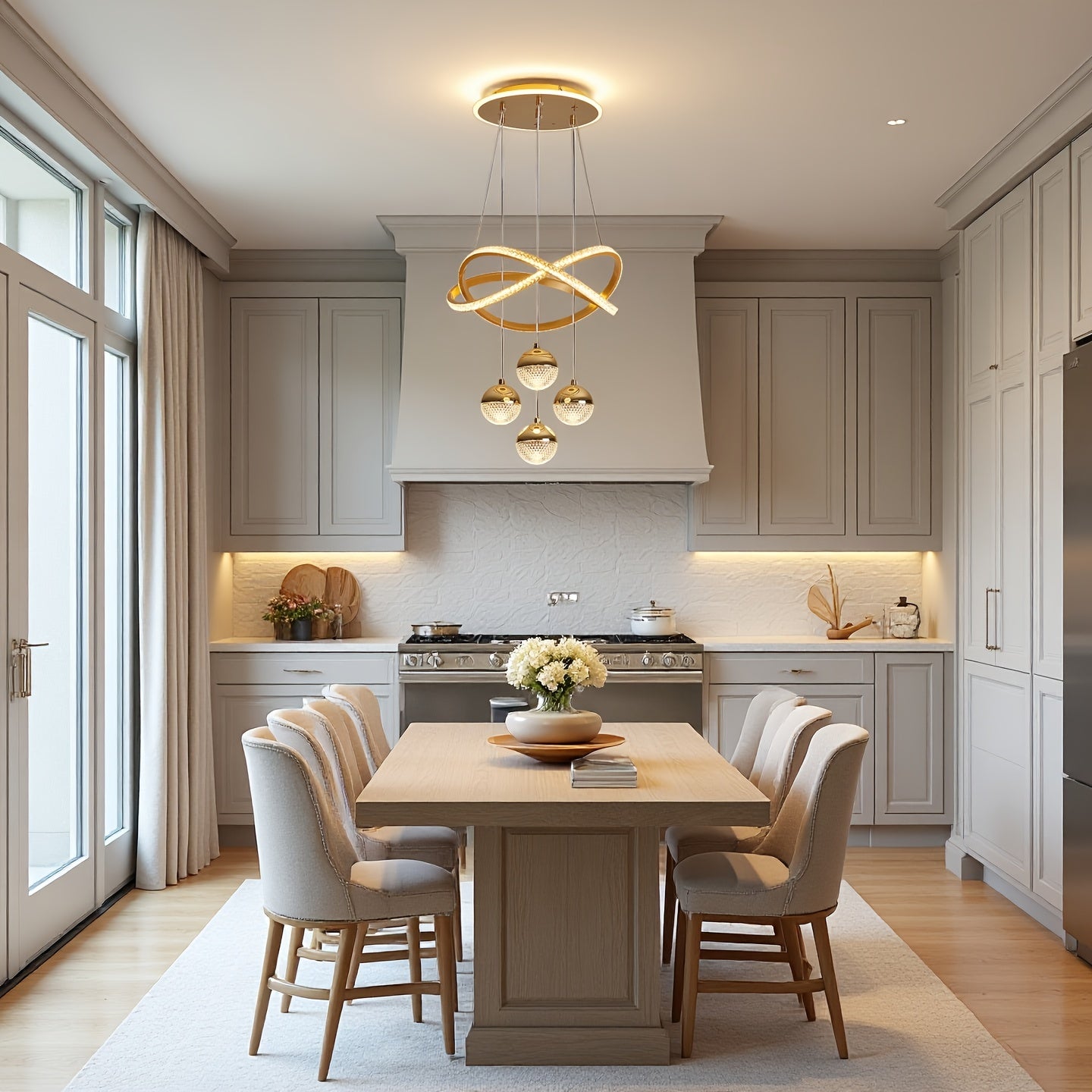Stylish pendant light with four spherical lamp heads and a ring light, three color temperatures, height adjustable, suitable for dining room, bedroom, villa, living room, study