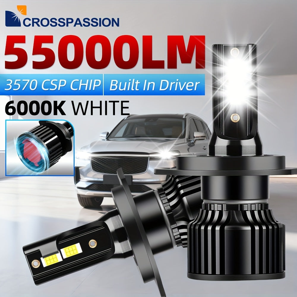 CROSSPASSION 55000 Lumens LED Headlights, Compatible with 9005 HB3 9006 HB4 H1 H4 H7 H11 H13 9007 High/Low Beam Bulbs, 3570 CSP Chip, 6000K White Light, Built-in Driver Plug-and-Play, 2-Pack