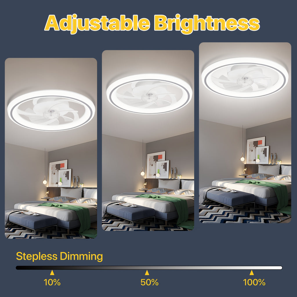 20 Inch Modern Dimmable LED Ceiling Fan Light, APP & Remote Control, 3 Color Temperatures, 6 Speed Levels, Flush Mount Design for Bedroom, Night Mode, Timer Function, Wireless Control, Polished Finish, Bedroom Ceiling Fan, Modern Lighting