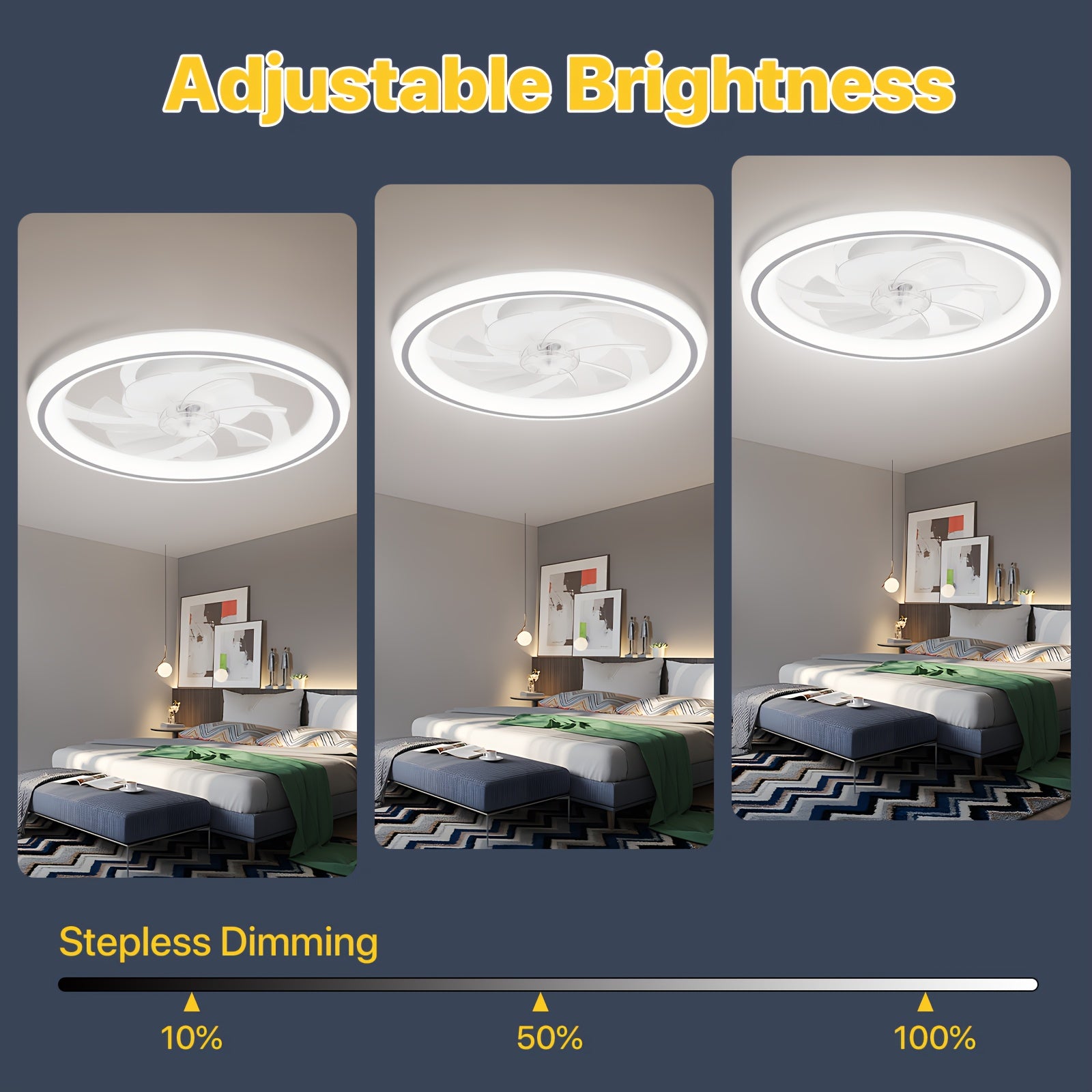20 Inch Modern Dimmable LED Ceiling Fan Light, APP & Remote Control, 3 Color Temperatures, 6 Speed Levels, Flush Mount Design for Bedroom, Night Mode, Timer Function, Wireless Control, Polished Finish, Bedroom Ceiling Fan, Modern Lighting