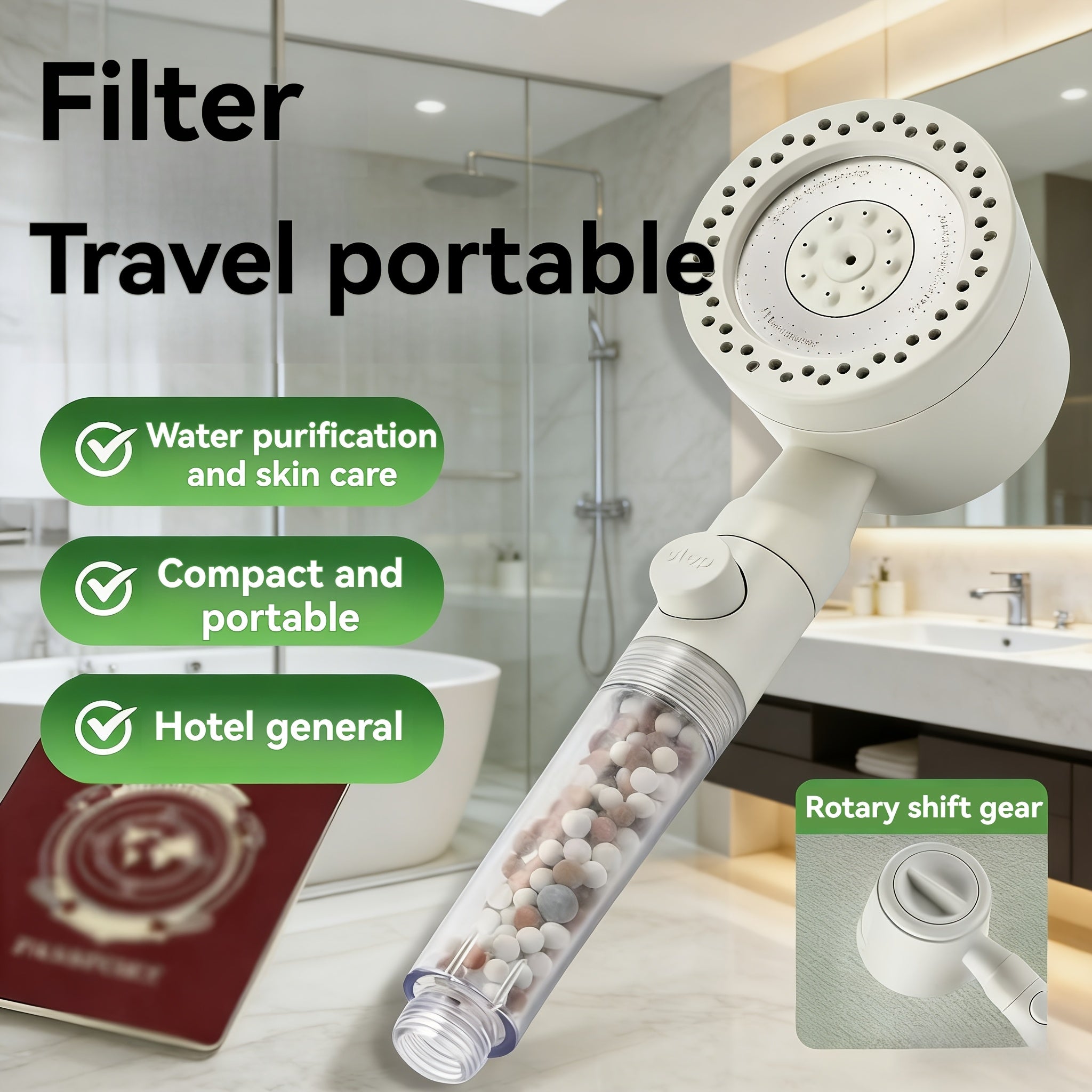 German Quality Handheld Shower Head - High Pressure Cream White, 5 Spray Modes, Built-in Filter Beads, Polished Finish, Luxury Bathroom Shower Accessory - For Shower Use Only