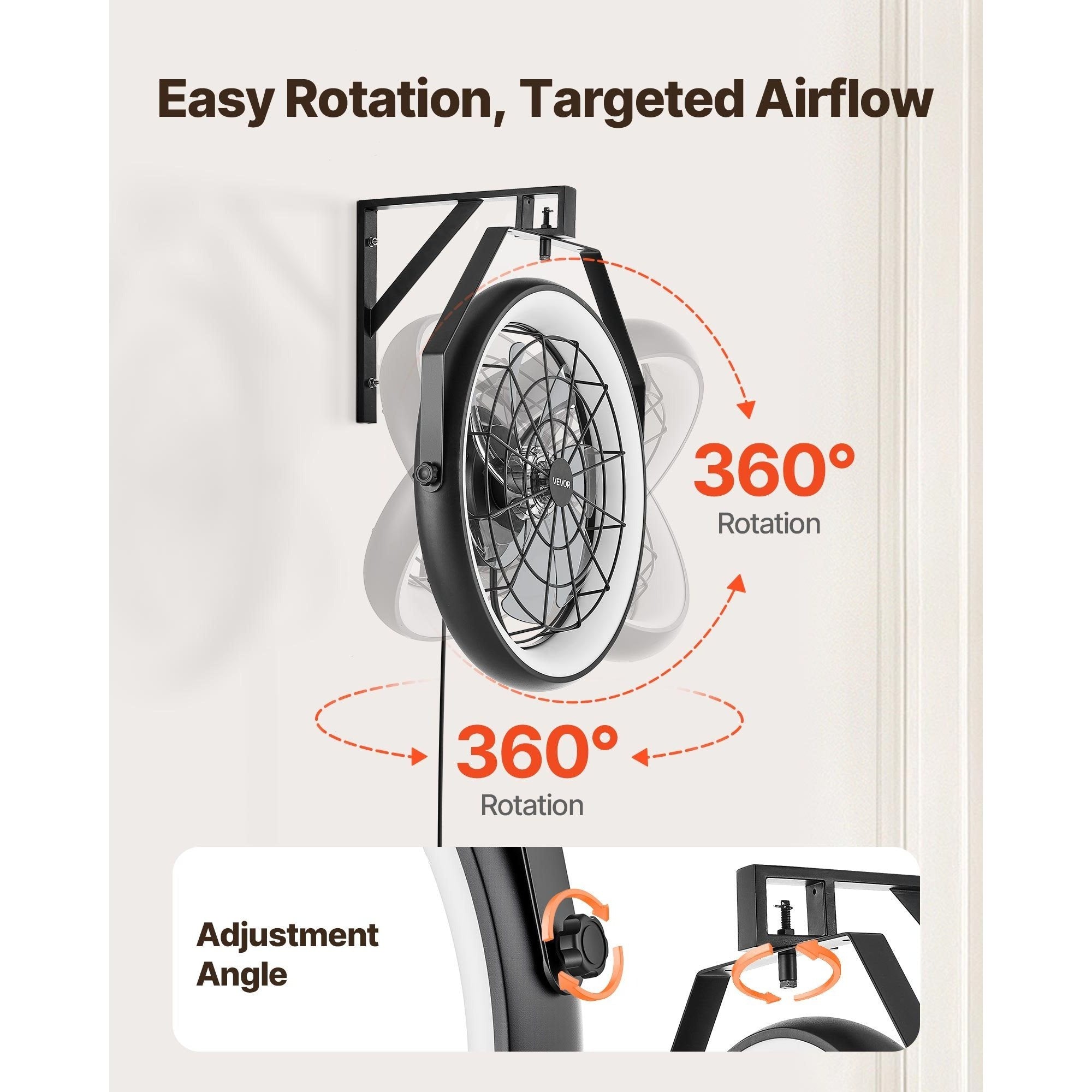 VEVOR 22 Inch Wall Mounted Fan with Light, Remote Control, 6 Speed Settings, for Patio, Workshop