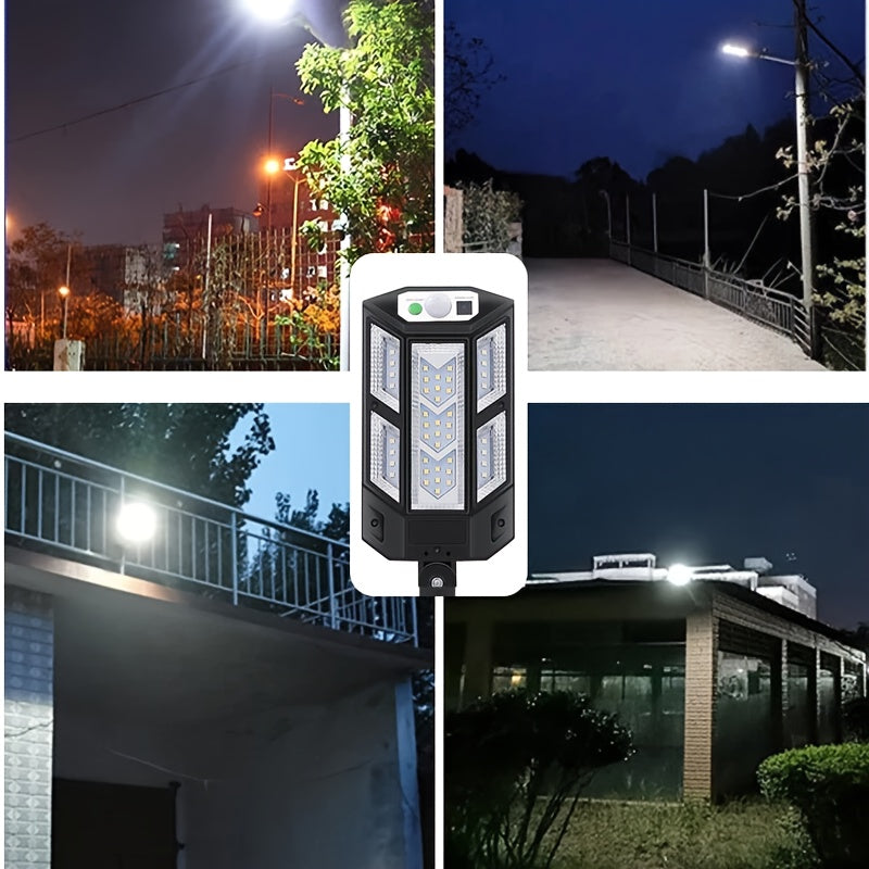 Commercial Solar Street Light with 56 LEDs, Designed for Outdoor Use, Engineered to Operate from Dusk to Dawn. These Solar Lights are Equipped with a Motion Sensor and Remote Control, Perfect for Parking Lots, Garages, Courtyards