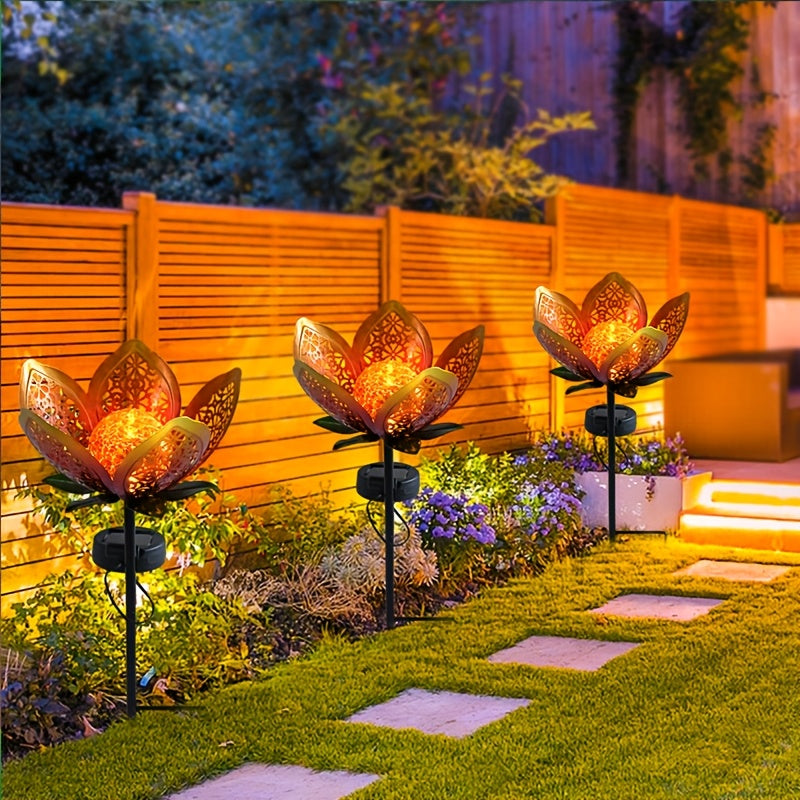 3pcs Solar Hollow Sunflower Lawn Light, Cracked Glass and Metal Floral Design, Suitable for Courtyard, Patio and Walkway Decoration, Outdoor Decoration | Lotus Design | Metal Structure, Solar Courtyard Light, Christmas Gift, Garden Decoration