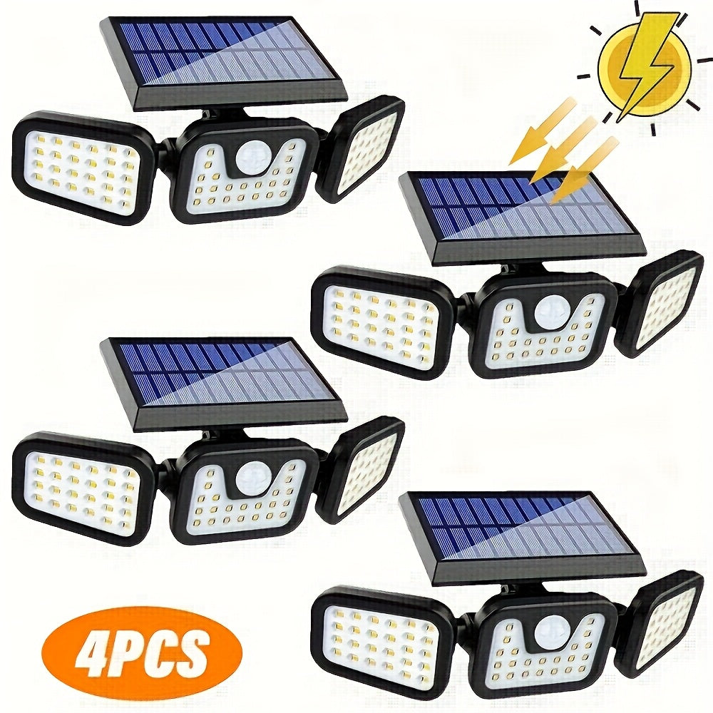 4 Pack Commercial Street and Area Light, Solar Outdoor 3-Head Sensor Smart Light, 74 LEDs 270° Wide Angle Illumination, 3 Adjustable Light Modes, Perfect for Garden, Courtyard, Street, Garage, Porch Lighting