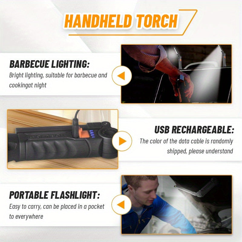 1-Pack, High-Brightness Handheld LED Flashlight, USB Rechargeable, Suitable for Home Use. This Portable Foldable Work Light Features 4 Modes & a Mini COB Flashlight Design.