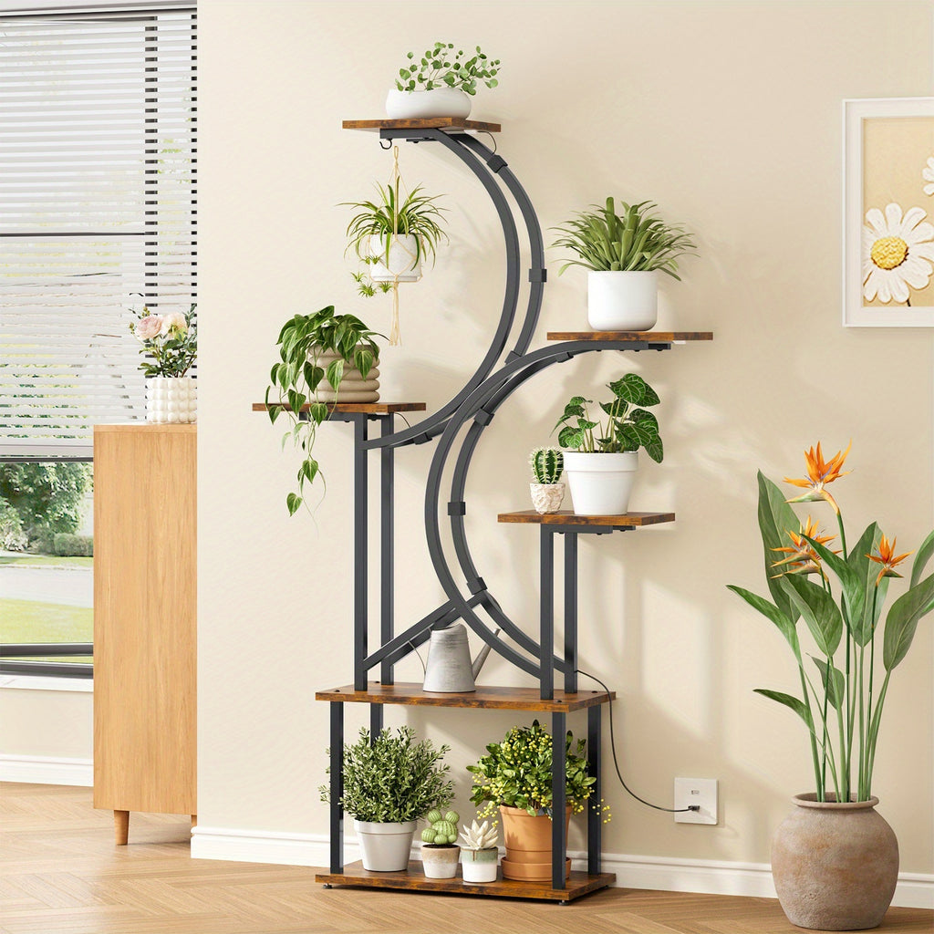 Indoor Plant Stand with Grow Light, 6/7-Tier Multi-layer Large Polygonal Metal Curved Display Shelf, Ideal for Balcony, Home Decor and Christmas Decoration