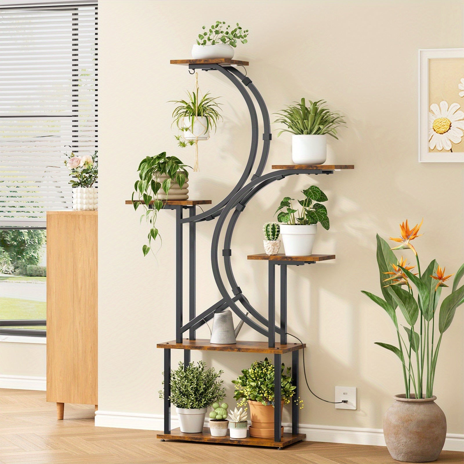 Indoor Plant Stand with Grow Light, 6/7-Tier Multi-layer Large Polygonal Metal Curved Display Shelf, Ideal for Balcony, Home Decor and Christmas Decoration