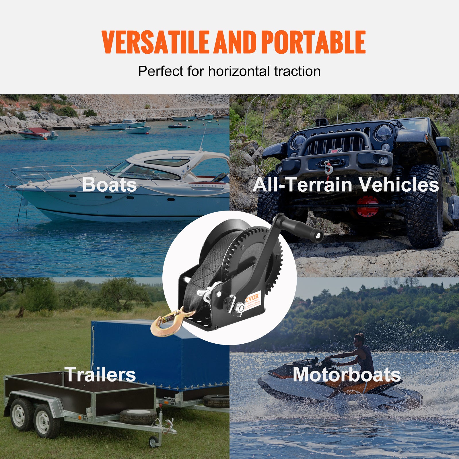 VEVOR Hand Winch, 1200/1600/2000/3500 lbs Pulling Capacity, Boat Trailer Winch with 23 ft Polyester Strap and Two-Way Ratchet, for Trailer, Boat or ATV Towing