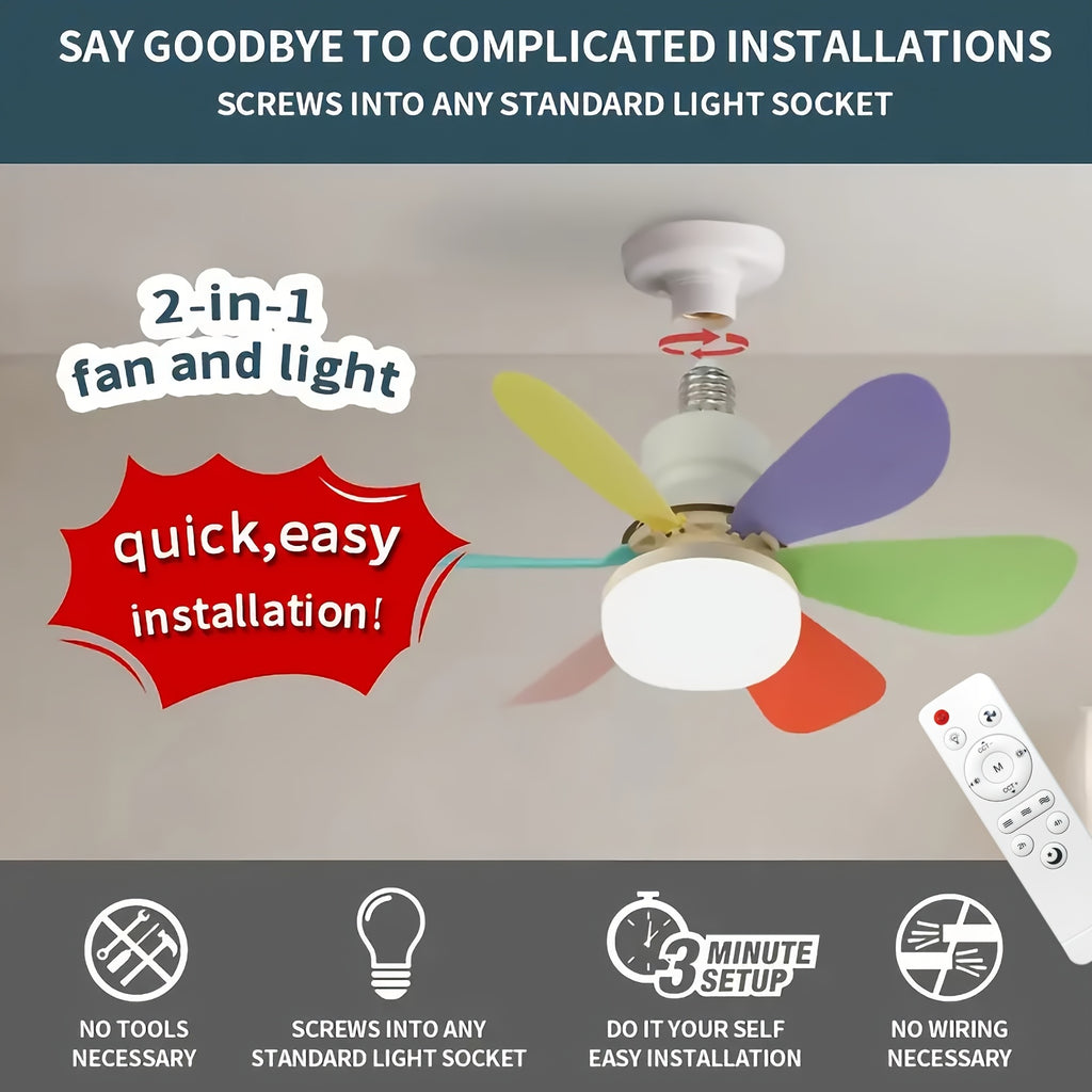 Remote Control Ceiling Fan Light, Integrated LED Lighting & Fan, 3-Speed Quiet Wind and 3 Color Temperature Adjustment 3000K-4500K-6500K, Tool-Free Installation & Timing Function, E26/E27 Interface 6-Blade Fan Light