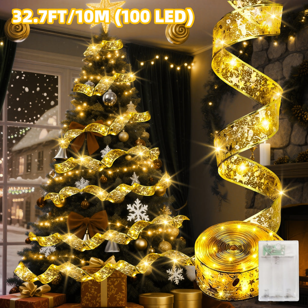 100/50LED 圣诞仙女串灯，2种模式，金色闪烁LED灯带，电池驱动，圣诞树装饰灯，柔软弯曲，适用于家居卧室、花园庭院、生日派对、节日照明