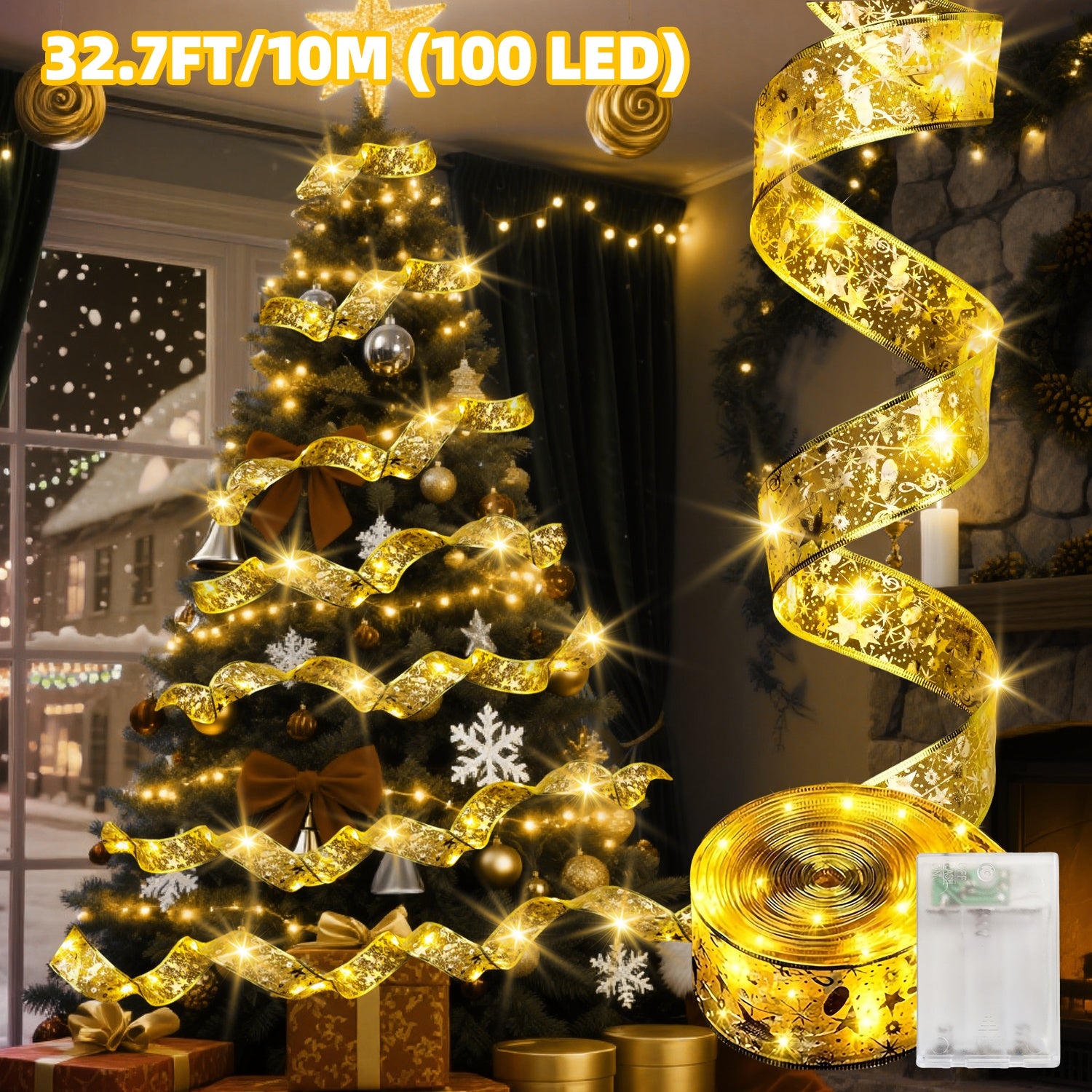 100/50LED 圣诞仙女串灯，2种模式，金色闪烁LED灯带，电池驱动，圣诞树装饰灯，柔软弯曲，适用于家居卧室、花园庭院、生日派对、节日照明