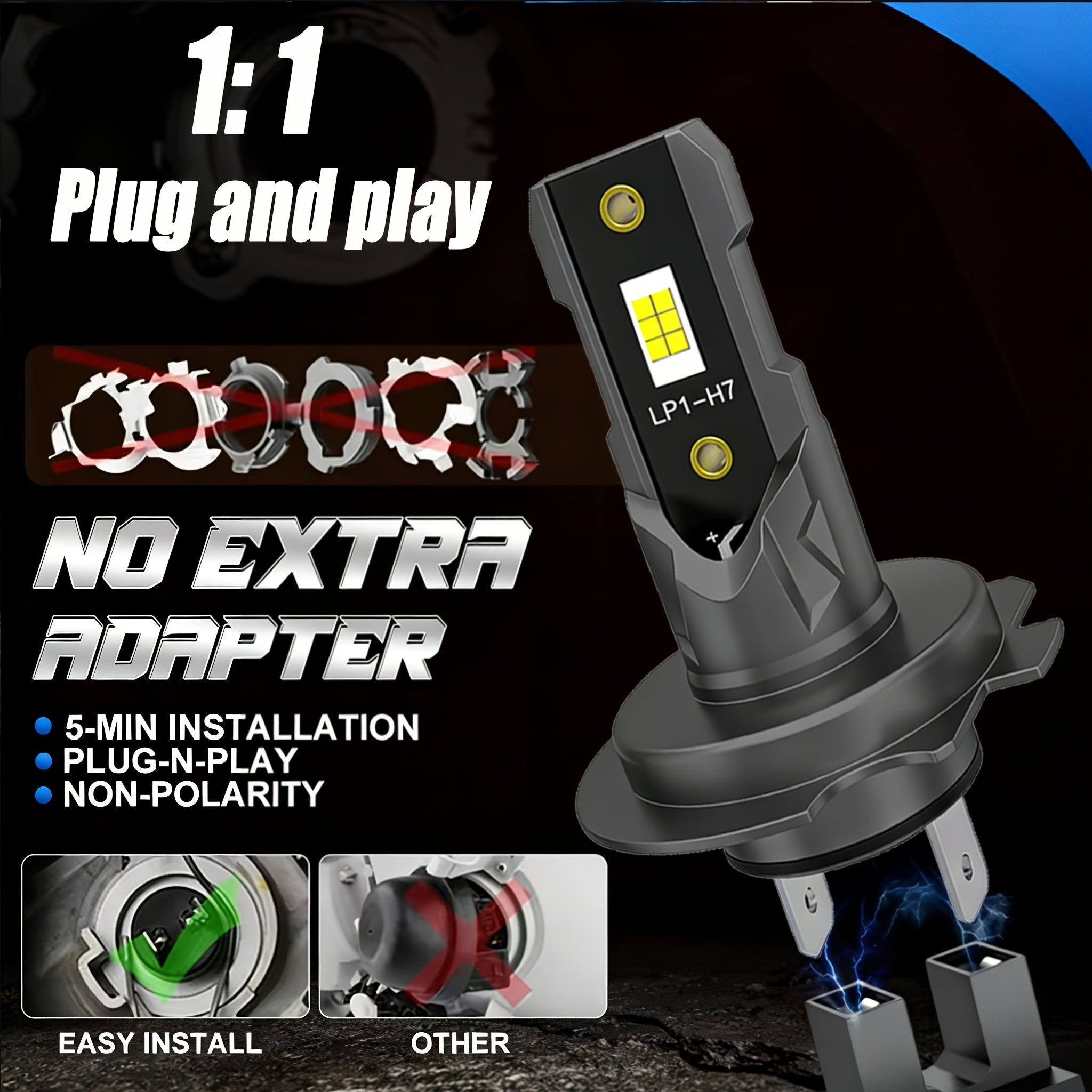 H7 LED Car Headlight Bulb 300W 60000LM Mini H7 Wireless Car Light +800% Brightness Spotlight Car Headlight 12V, No Battery Included