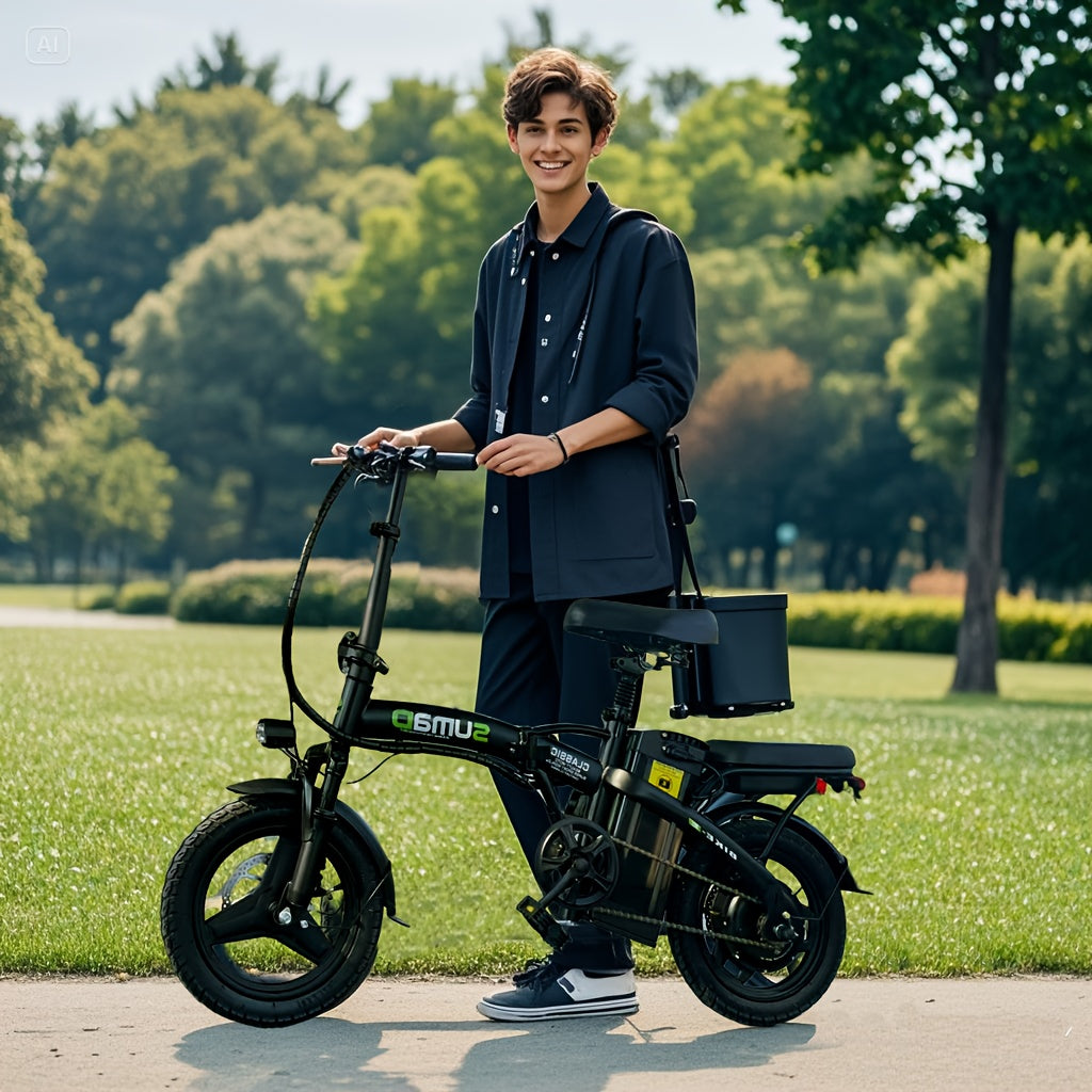 400瓦电动自行车，时速20英里，续航45英里，可折叠便携，14英寸车型可选，配备可拆卸储物箱、双刹车系统、电池/电源双模式，美标插头，专为日常通勤设计