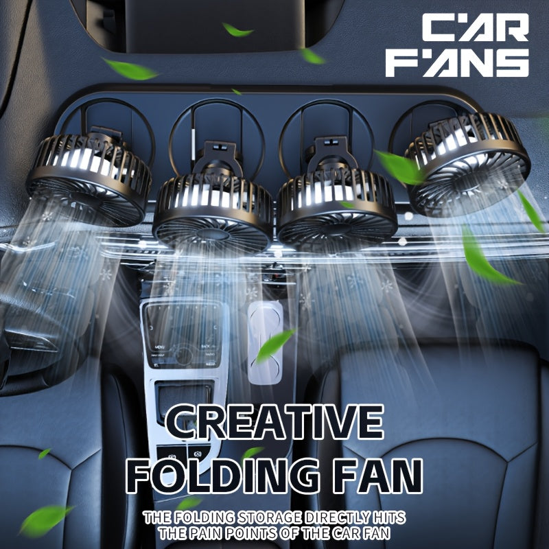 Foldable 4-Head Car Fan, 3-in-1 3-Speed 4-Cooling Fan, USB Interface Flexible Adjustment Space Saving, Low Noise 360° Rotation Multi-Directional Air Supply, Suitable for Car Home Laptop Accessories, Essential for Summer Driving Vehicle Ventilation