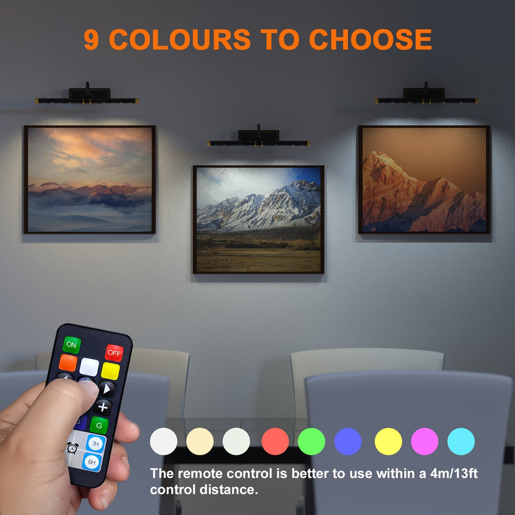 Battery-powered picture light, rechargeable LED picture light with remote control, RGB dimmable, programmable timer, magnetic 360° rotatable lamp head, suitable for paintings, galleries, libraries, dart rooms, bedrooms, and 5000mAh battery