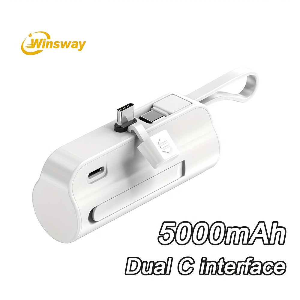 WINSWAY雙口5000毫安膠囊迷你口袋移動電源，便攜快速充電無線手機支架充電器，附Type-C資料線，支援同時為兩部手機充電，相容安卓、三星等裝置，適合旅行、飛機及假日使用。是送給愛美女友的必備好禮