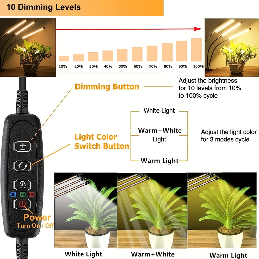 5/4 Heads Grow Light with Stand, White & Warm White Spectrum Indoor Plant Lamp, 10 Dimmable Brightness Levels, 3/9/12H Timer, 3 Switch Modes, Adjustable Gooseneck for All Plant Growth