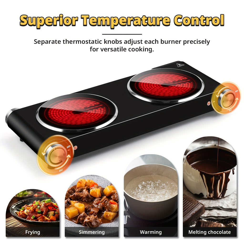 Tech 900W+900W Infrared Electric Hot Plate with Adjustable Temperature Control, Easy-Clean Surface & Power Indicator Light