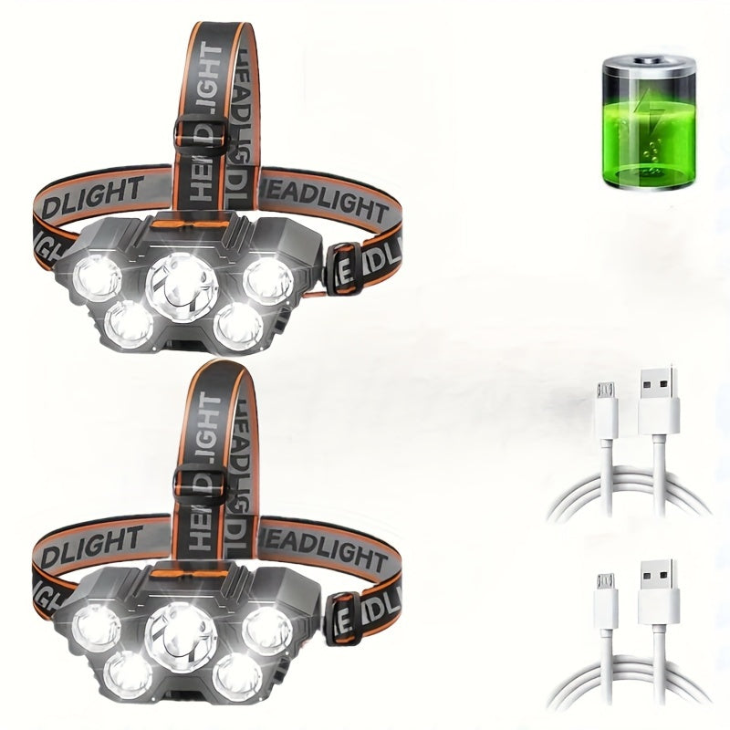 1pc LED Headlamp, Rechargeable, Bright & Powerful with 5 LEDs, Portable Headlight for Outdoor Camping & Emergency Lighting, IP44 Waterproof, Fishing & Outdoor Work Light