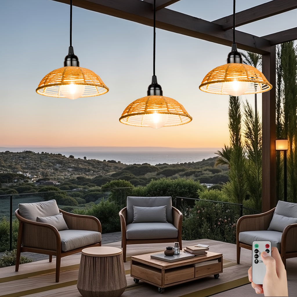 3-Piece Battery Operated Gazebo Pendant Light, Bohemian Handwoven Pendant Lamp, Indoor Lantern Powered by 4 AA Batteries with Timer, Gift and Decoration for Patio, Garden, Living Room, Bedroom