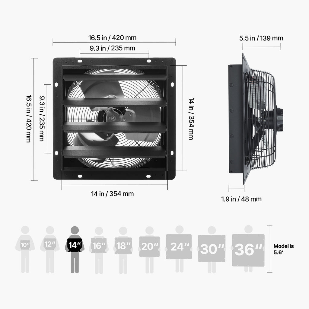 VEVOR 12"/14" Shutter Exhaust Fan, Wall-Mounted Attic Vent Fan, Smart Programmable Variable Speed Temp Control, EC Motor, Timer, for Shed/Garage/Greenhouse Ventilation Cooling, Black
