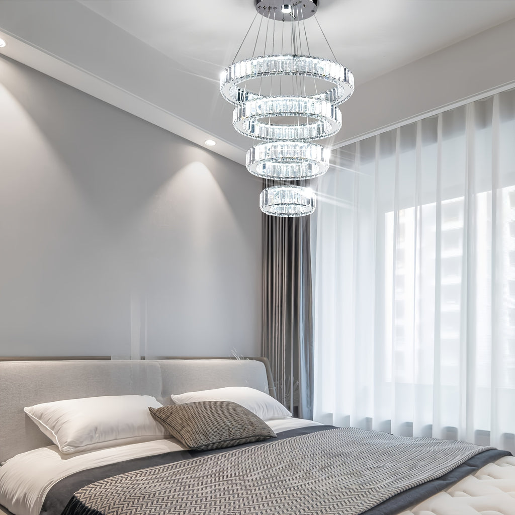 Modern LED pendant light, crystal chandelier, with 4 rings, suitable for dining room, bedroom and living room, diameter 7.9" to 19.7"