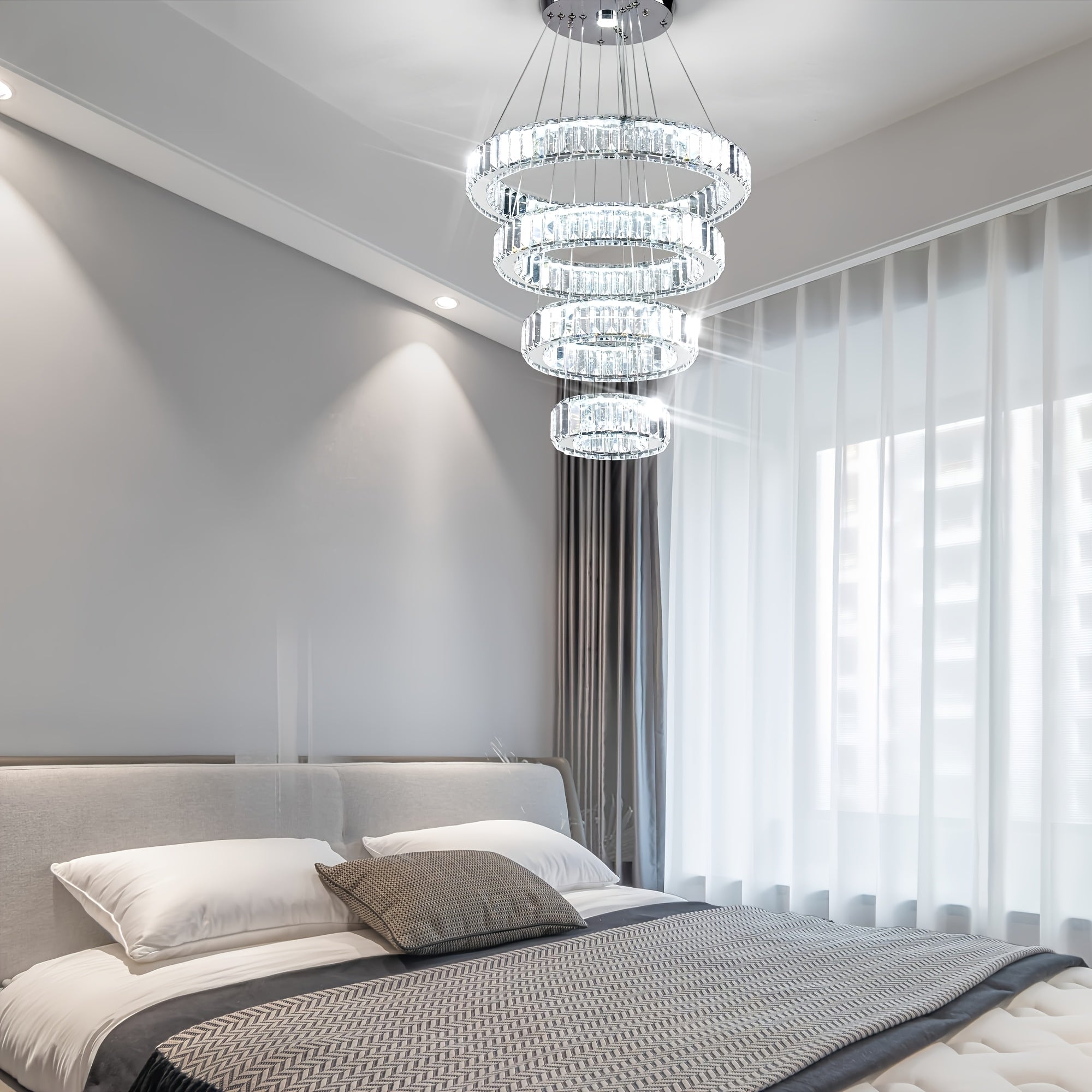 Modern LED pendant light, crystal chandelier, with 4 rings, suitable for dining room, bedroom and living room, diameter 7.9" to 19.7"