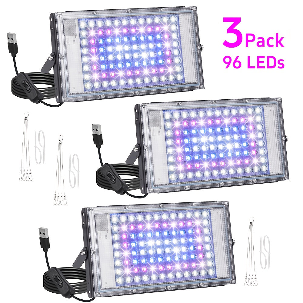 50/96/144 LED 1/2/3 Sets Grow Light, Full Spectrum LED Plant Light for Indoor Plants, Seed Germination & Seedlings, USB Powered with Switch, Hanging Rope Included, Ideal for Vegetables, Succulents, Flowers, Fruits