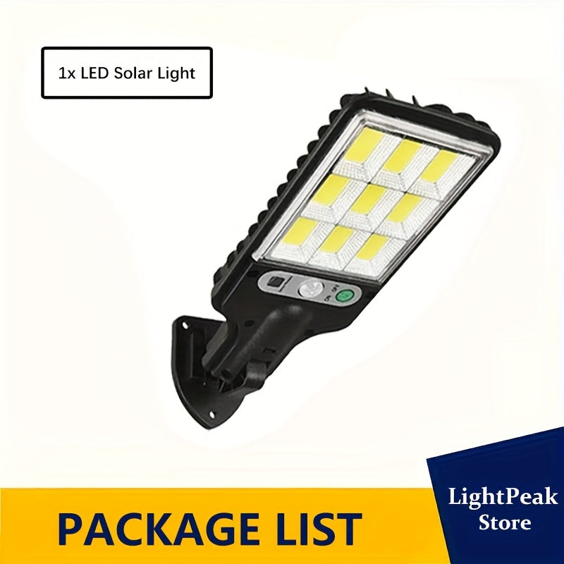 1 Smart Motion Activated Solar Light, Perfect for Commercial Streets and Areas, High Brightness LED Solar Wall Lighting, Rechargeable COB Street Light, with Three Outdoor Decorative Lighting Modes for Deck Security Purposes