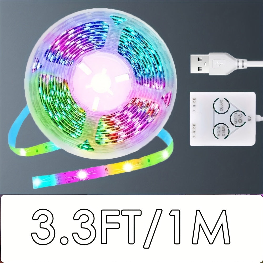 3.3英尺/1米-100英尺/30米 LED灯带，5V RGB LED灯，带3键遥控器，亮度可调，颜色可变，非常适合电视、客厅、卧室或派对环境（USB供电）