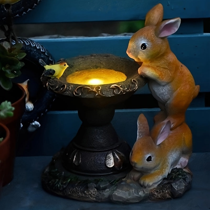 Outdoor Solar Light Creative Double Rabbit Drinking Water Ornament Resin Craft Garden Courtyard Light Balcony Animal Decoration Suitable for Porch, Courtyard and Gardening Decoration, Ideal Gift for Women and Grandmothers