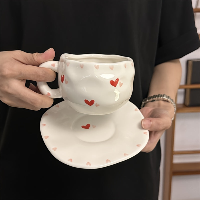 Single Set 300ml / 10.15oz Retro Flower Ceramic Cup & Saucer, Tulip Heart Bow Strawberry Irregular Coffee Cup & Saucer, Hand-Pinched High-Appeal Afternoon Tea Mug