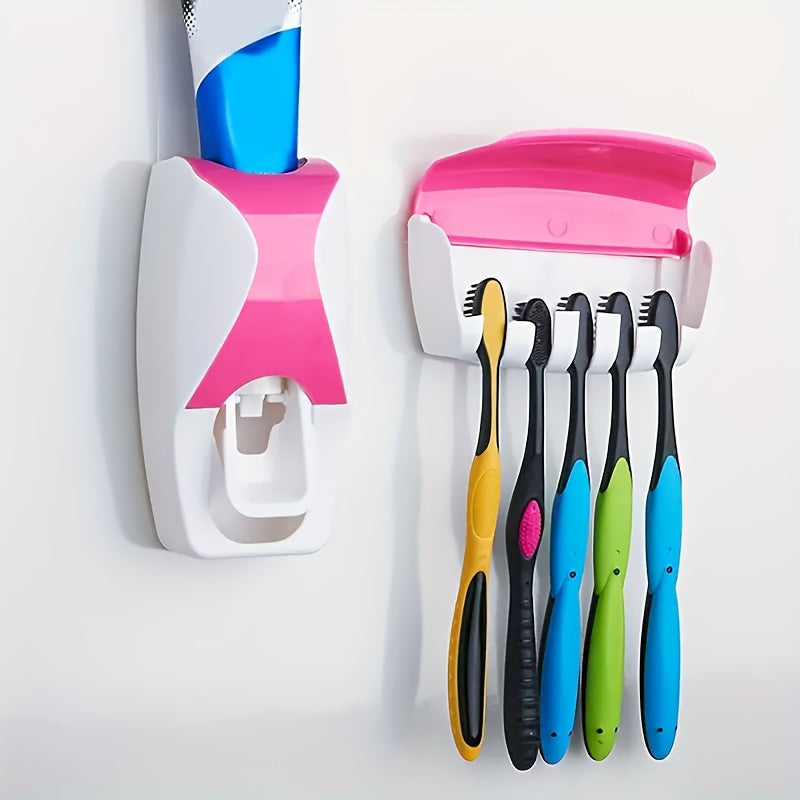 [5-Slot No-Drill] Toothbrush Holder & Press-Type Toothpaste Dispenser Set - Large Capacity ABS Plastic Wall Mount (Holds 5 Toothbrushes) - Dustproof & Moisture-Proof Design, Space-Saving