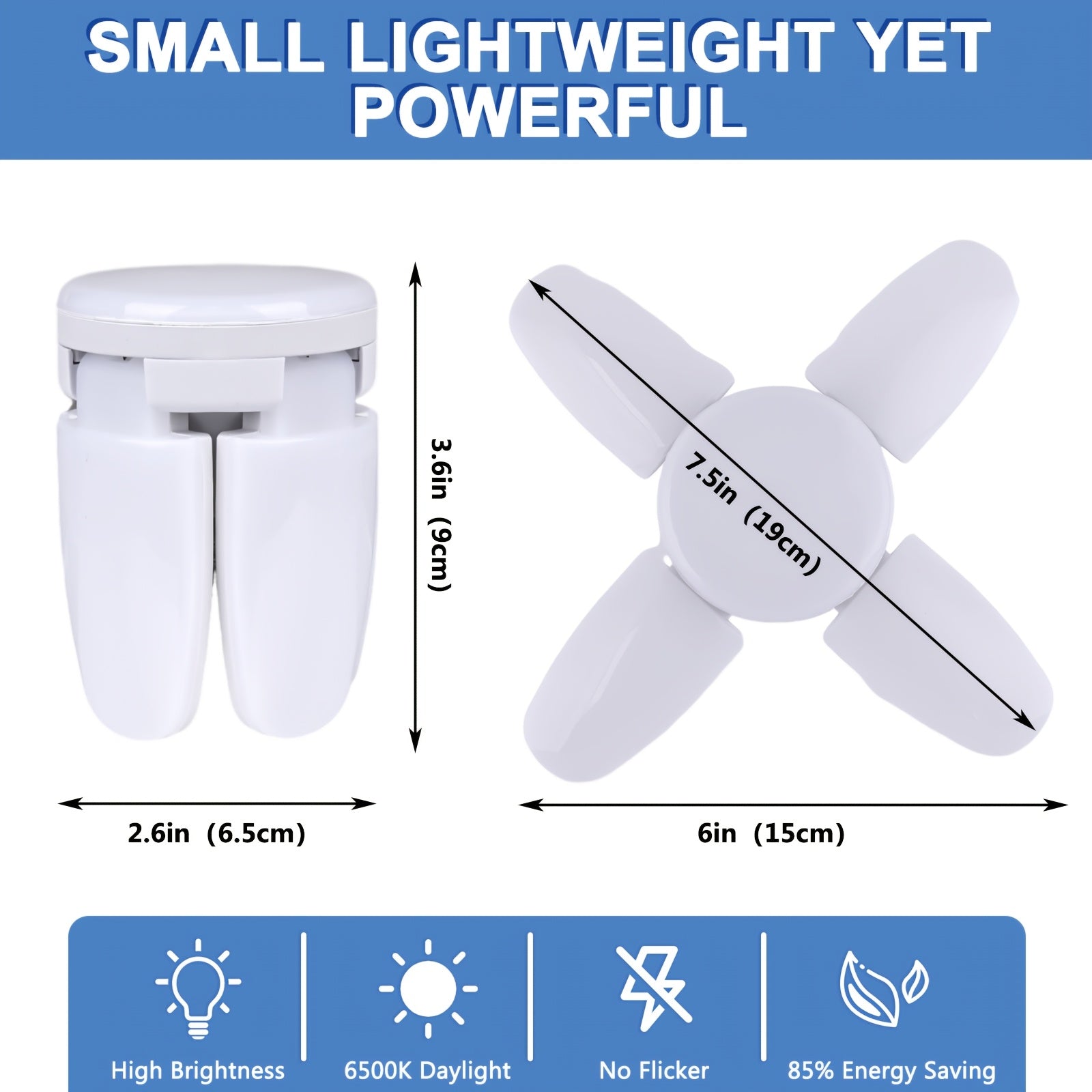 2 mini fan blade LED bulbs 35 watts (150W equivalent), E26 base 6500K daylight mini LED bulb, ultra-bright bulb, transformable LED bulb for workbench porch basement, LED garage light