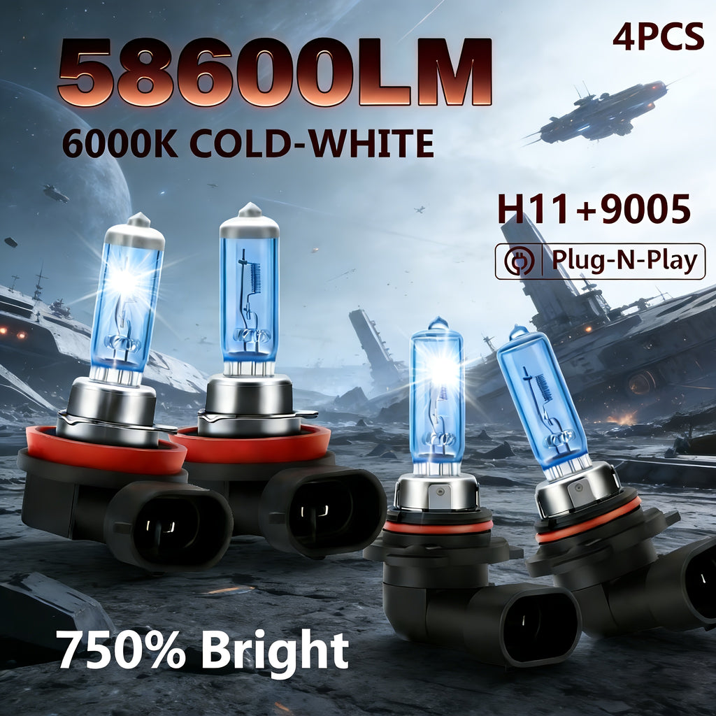 4只装LED汽车大灯，明亮即插即用6000K白光，适配9005/9006/H7/H1/H4/H11接口，总光通量58600流明，远近光一体雾灯，快速散热，360°光束角度，超亮聚光灯，亮度提升750%