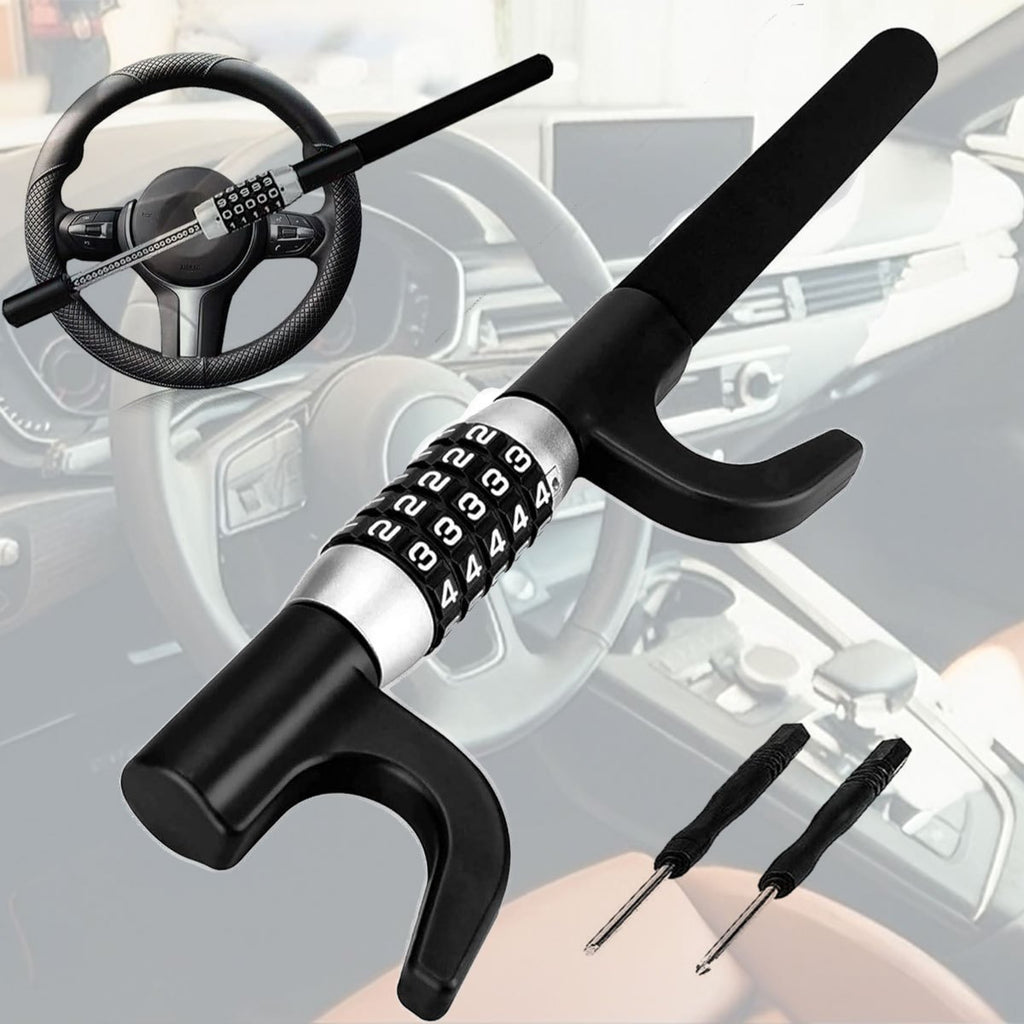 Steering Wheel Anti-Theft Lock – Vehicle Telescopic Heavy-Duty Security Lock, Keyless 5-Digit Combination Code, Universal Fit for Sedans, Trucks, Vans & SUVs (Includes One Pair of Gloves)